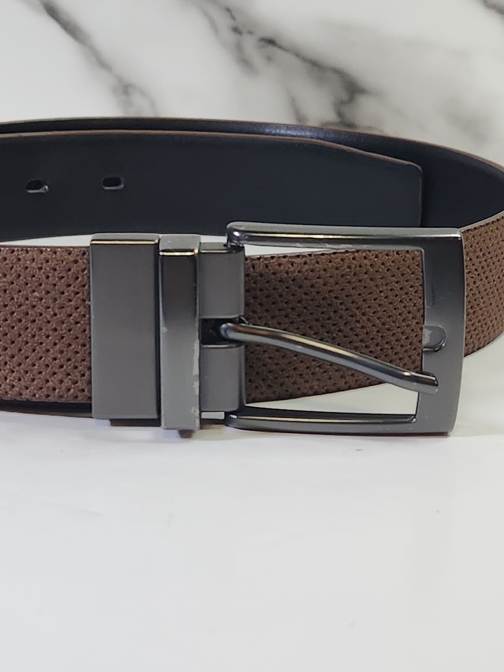 Reversible Men's Brown & Black Textured Leather Belt with Gunmetal Buckle
